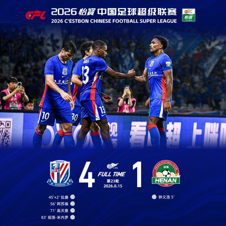 高天意百场传射 申花主场4-1逆转河南