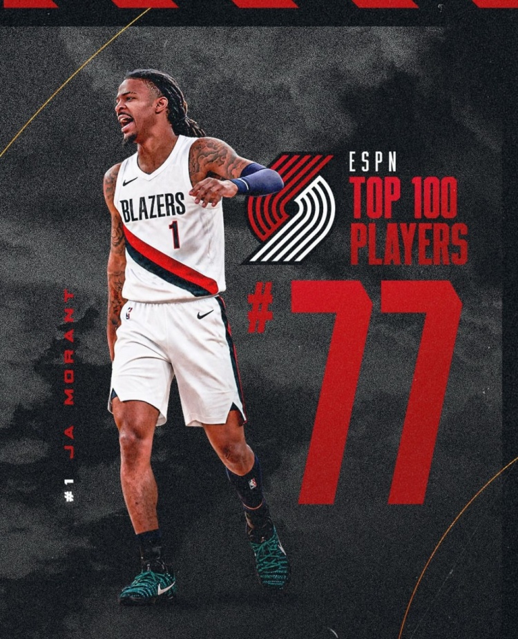 开拓者晒队内ESPN前100球员：克林根95 莫兰特77 利拉德69 阿福27